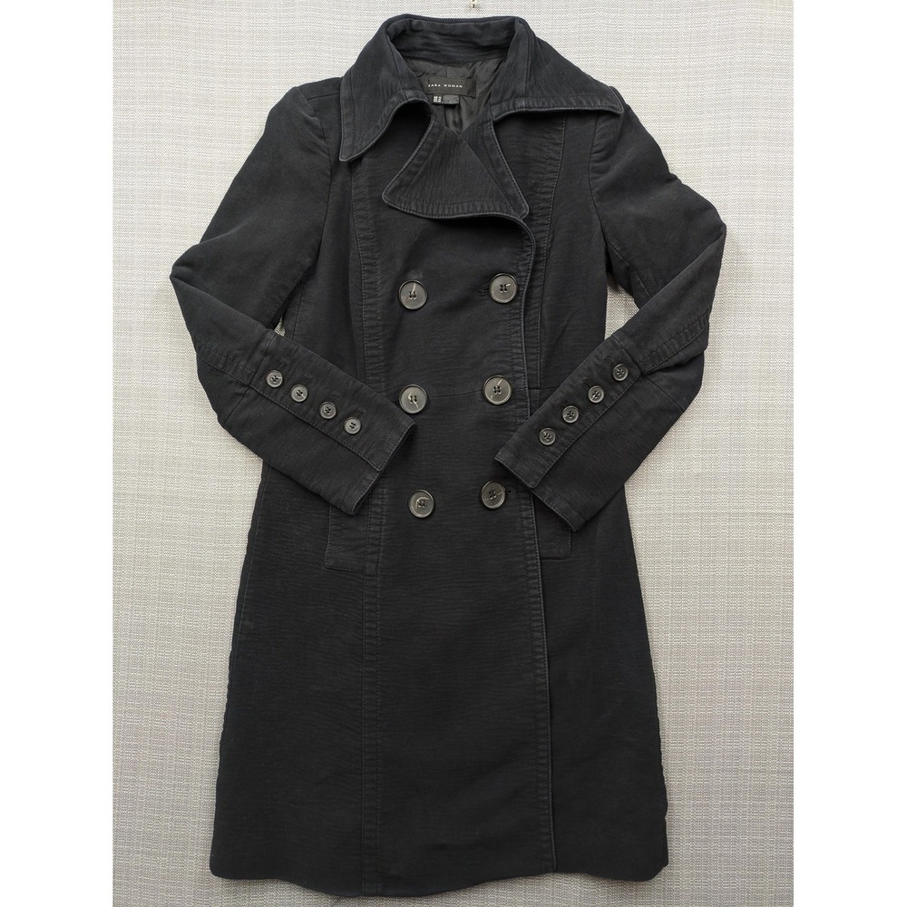 Zara Woman Trench Coat Womens Medium Black Cotton Twill Button Front Long Lined